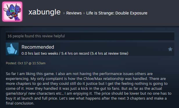 Screenshot showing a Steam review for Life is Strange: Double Exposure.